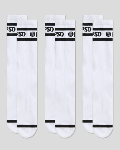 Men PSD 3 Pack - Logo Stripe Crew - White - Crew Sock