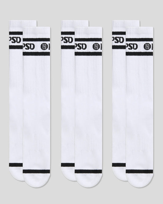 Men PSD 3 Pack - Logo Stripe Crew - White - Crew Sock